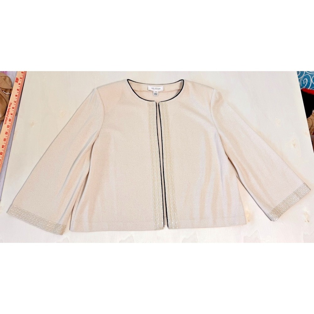 St John Collection Jacket Womens 10 Beige Black Trim Santana Knit Blazer Cropped